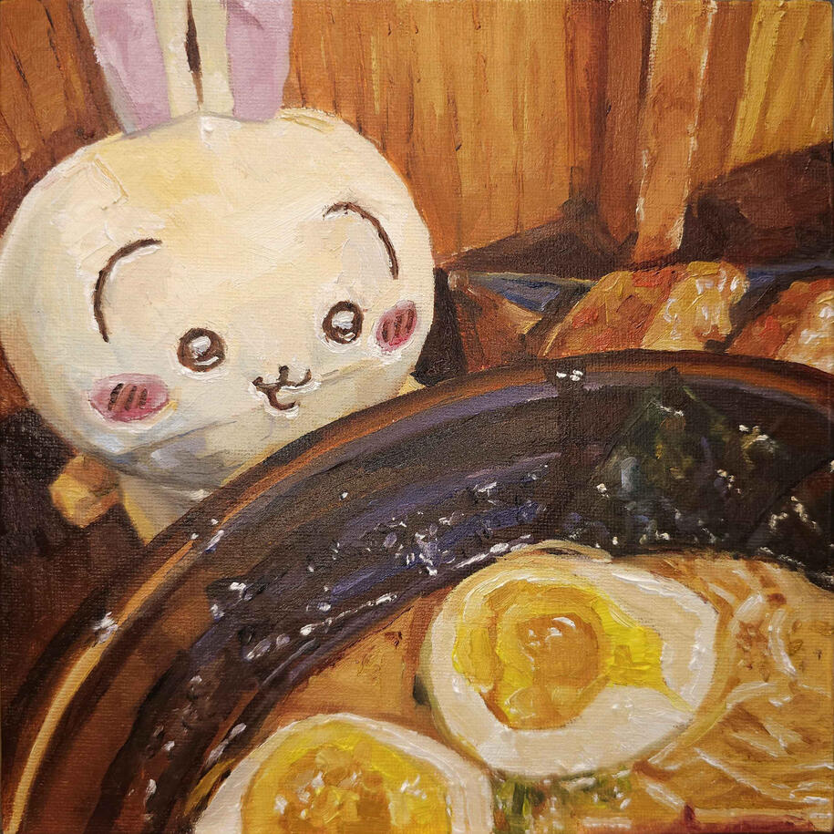 "Usagi" from CHIIKAWA, alla prima, oil on 8"x8" canvas, 12/04/25, photo reference by @squishyUsagi