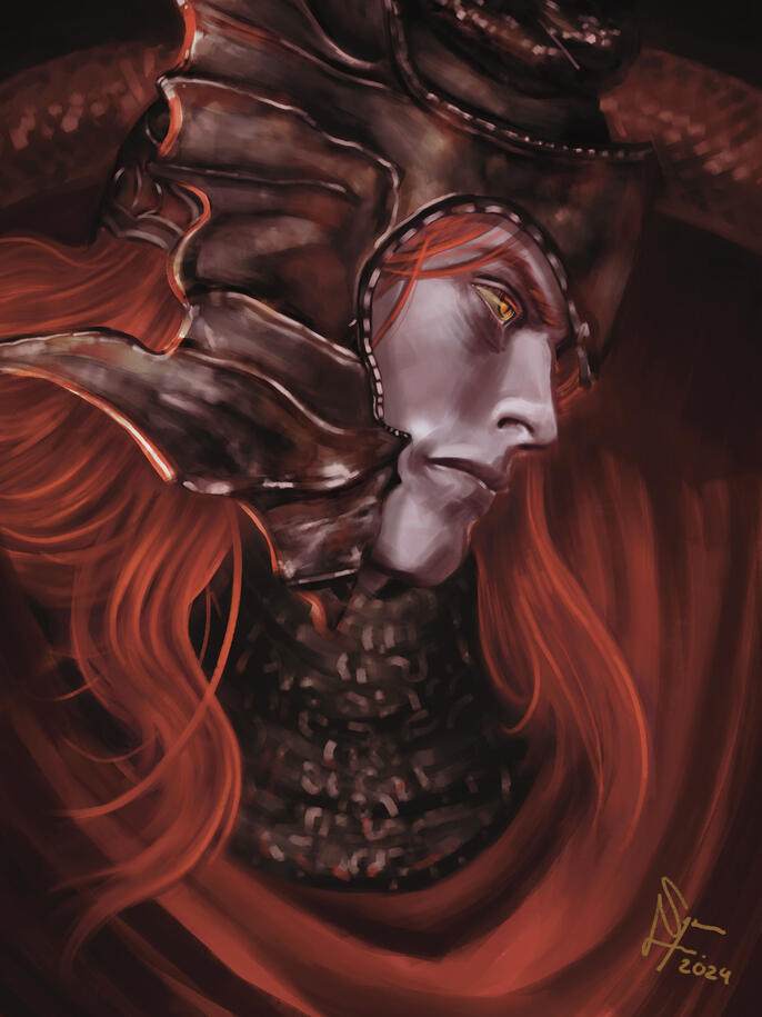 "Messmer the Impaler" portrait, Elden Ring fanart, 8 hours approx, 10/10/24