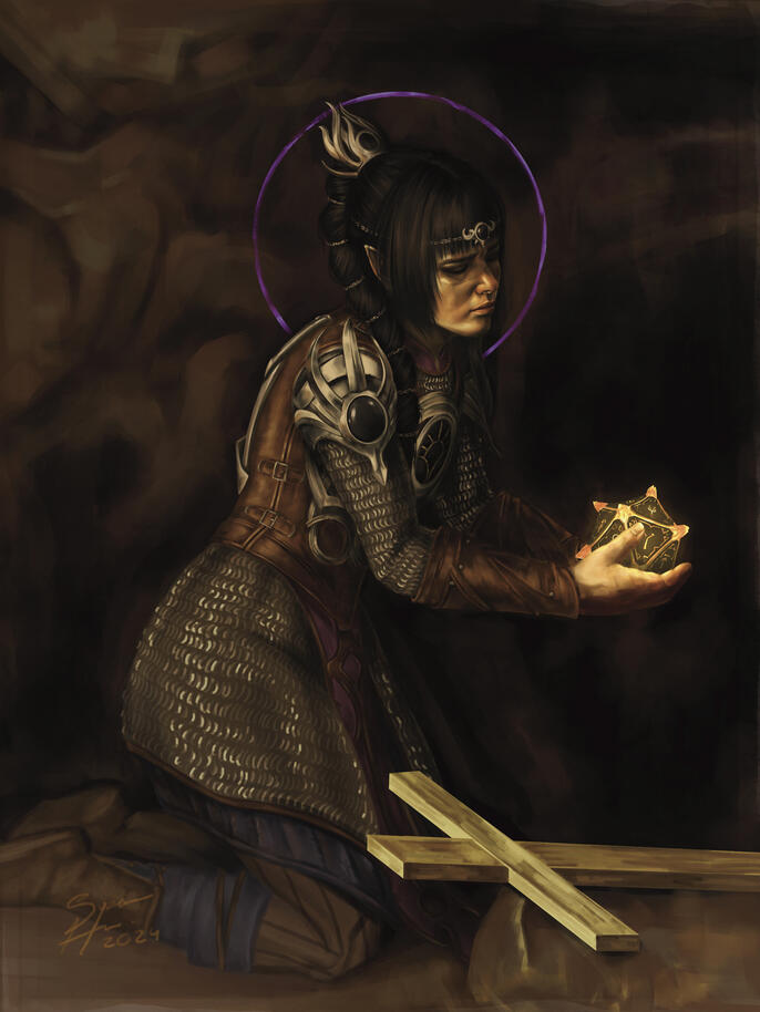 "Cleric Shadowheart in Prayer", pastiche Baldur's Gate 3 fanart, 48 hours. 10/29/24