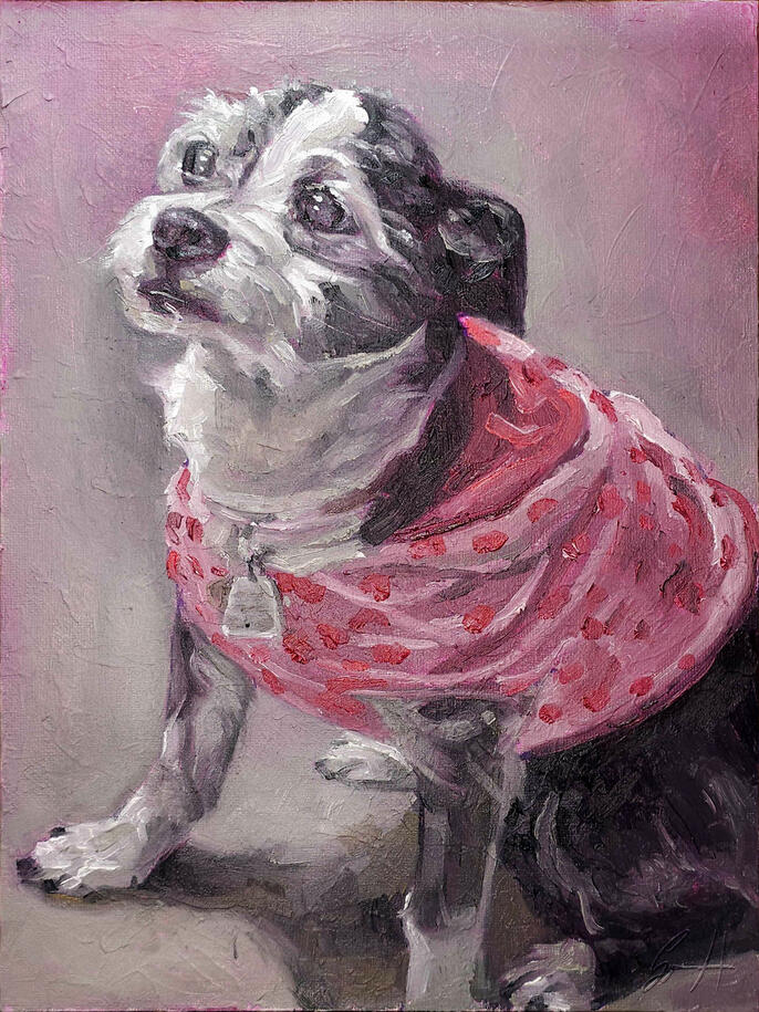 Ruby, pet portrait, alla prima, oil on 9"x12" canvas panel, 12/18/25