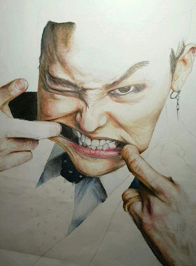 Incomplete G Dragon art, pencil crayon, circa 2016