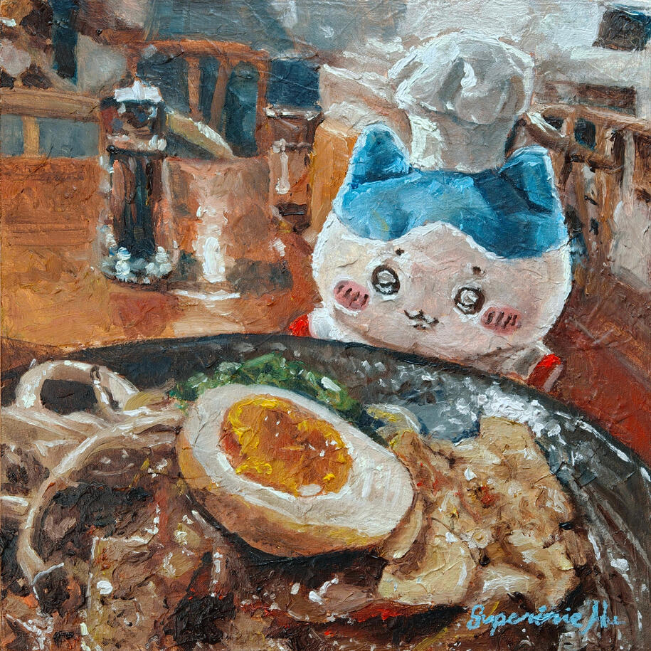 "Hachiware with Gyudon" from CHIIKAWA, alla prima, oil on 8"x8" wood canvas panel, 04/02/26, photo reference by @moomemris