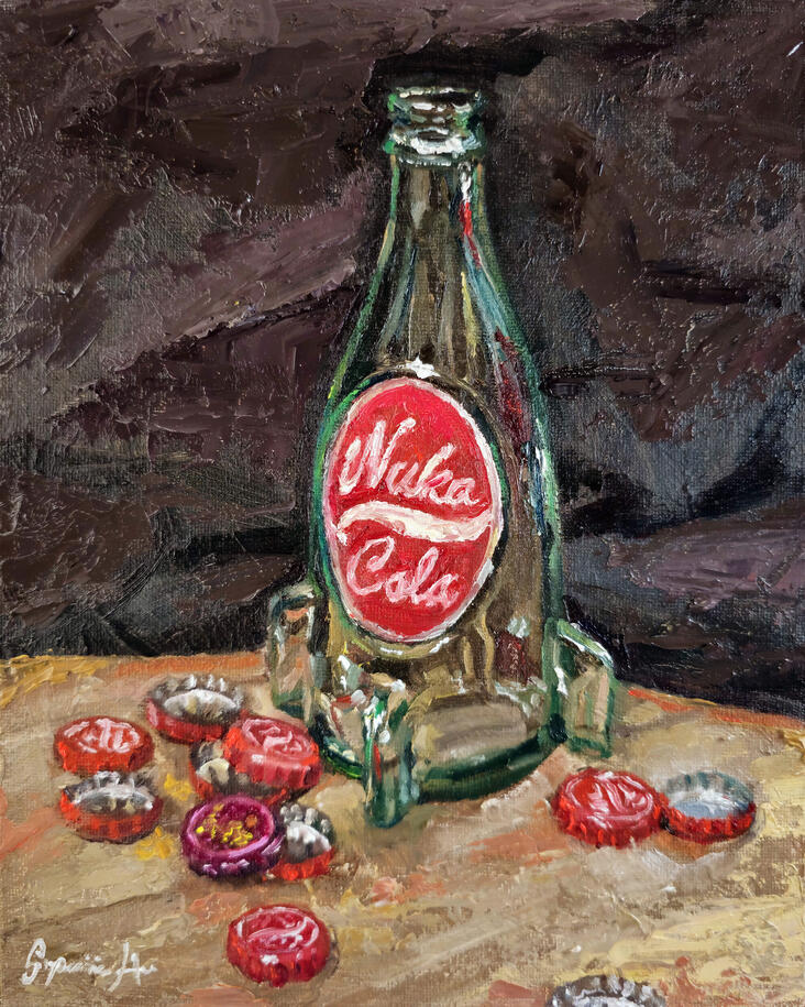 "Nuka Cola" bottle still life, alla prima, oil on 8" x 10" canvas, 01/31/26