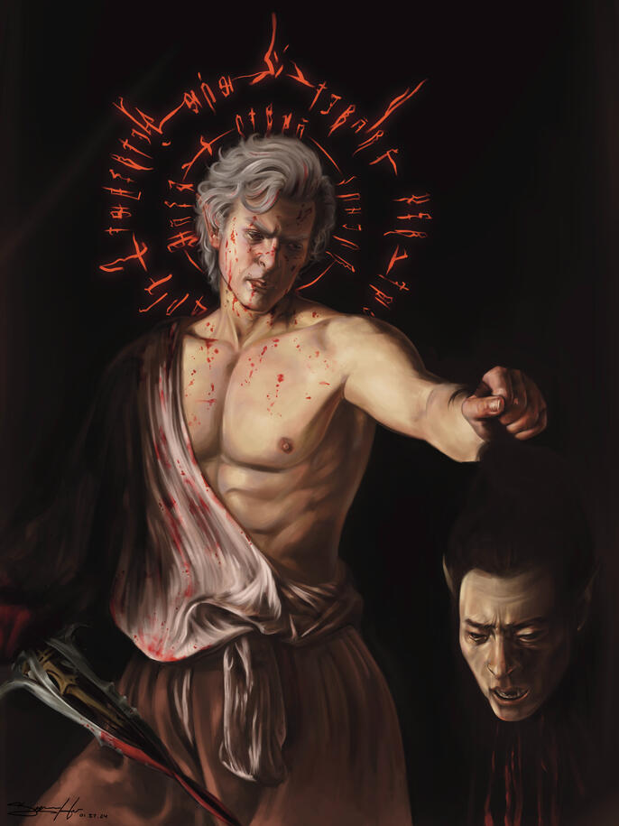 "Astarion with the Head of Cazador", pastiche Baldur's Gate 3 fanart, 39 hours, 01/27/24